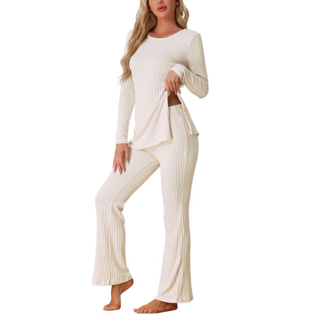 Ribbed Knit Long Sleeves Top and Pants Pajama Two Piece Matching Set White